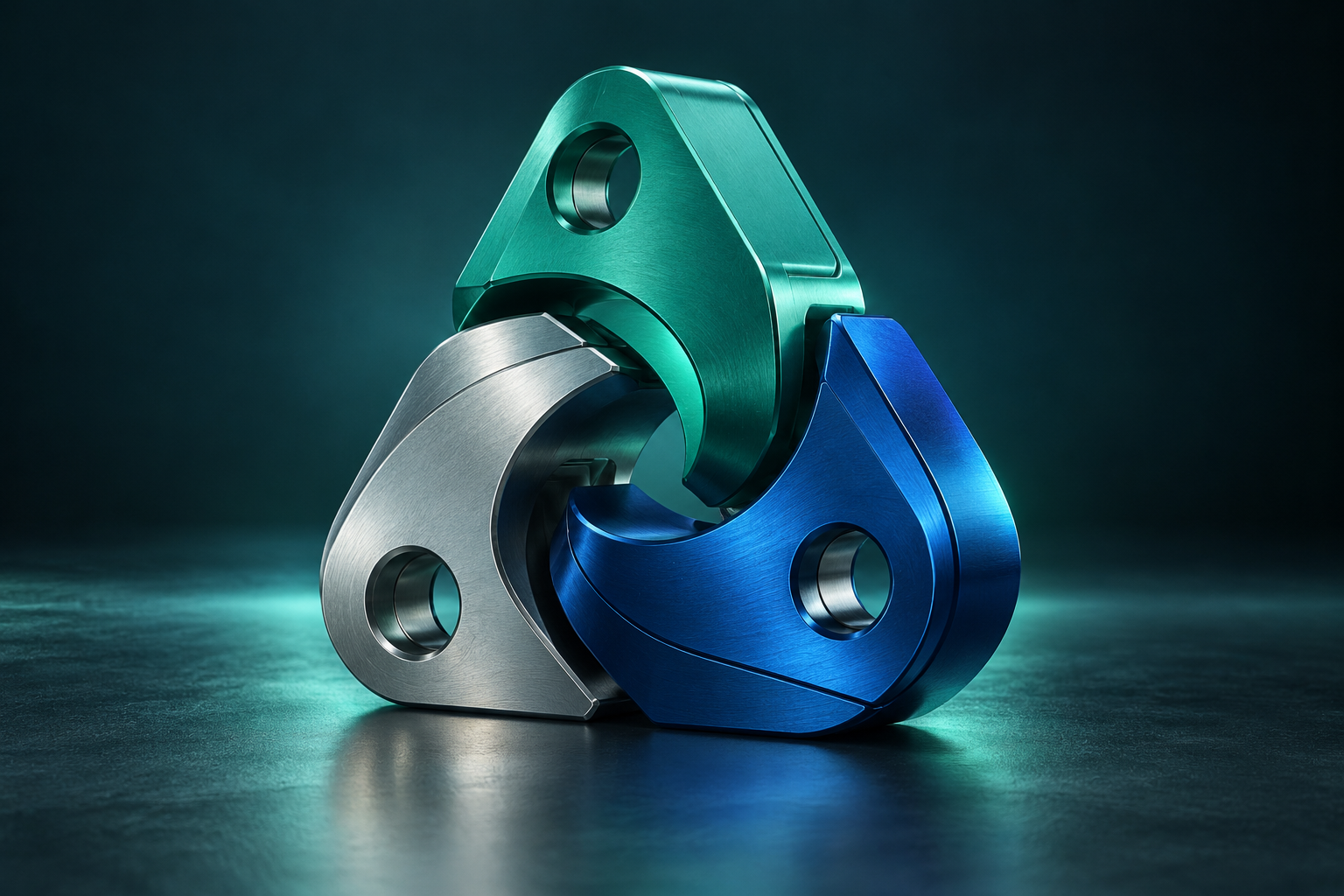 Three interlocking teal, cobalt and metal modules — an abstract study of coordinated systems